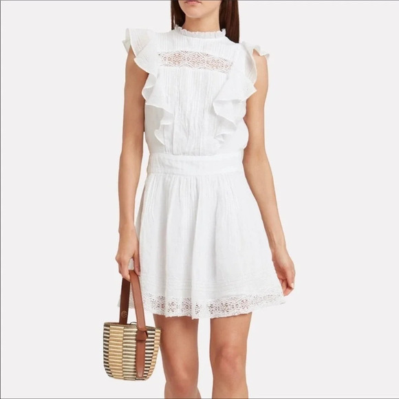 Frame Denim Dresses & Skirts - Frame White Pintucked Mini Dress M Ruffle High Neck Frilly Beach Wedding Short